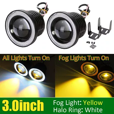 Universal 3 Inch Yellow Fog Lights Bumper Driving Lamps W/ White Halo Ring DRL • $35.98