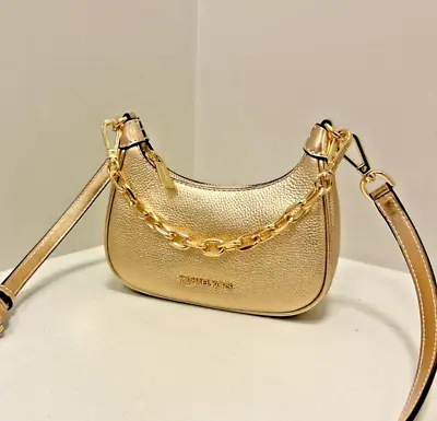 Michael Kors Cora Pebbled Leather Mini Zip Pouchette Crossbody Bag Pale Gold • $86