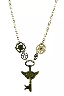 Steampunk Gears And Winged Key Necklace Golden Bronze-Toned • $16.99