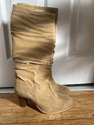 Bnwot Beige Tan Brown Real Suede Leather Slouch Calf Heel Boots Sz Uk 5.5 39 New • £8.99