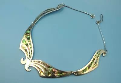 Vintage Mexico Alpaca Segmented Abalone Shell Inlay Silver Collar TfcxNecklace • $34.95