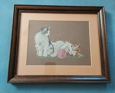 Vintage Hand Embroidered Cross Stitch Framed Picture 2Cat/Yarn 12 1/2  X 15 1/4  • $32