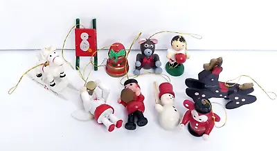 Miniature Wooden Christmas Tree Ornaments Sled Snowman Bell Bear Lot Of 10 • $9.99