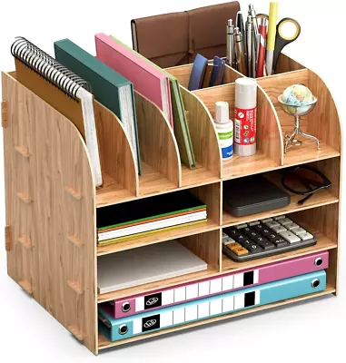 Wooden Office Desk Organiser Stationary Home Tidy Storage Tabletop Space Saving • £11.65