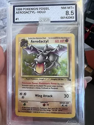 Vintage 1999 Pokemon Fossil Unlimited #1/62 Aerodactyl Holo Graded AGS 8.5 Mint • $60