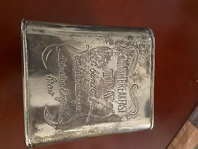 ENGLISH BREAKFAST TEA Vintage Tin Silver Plated Square-Shape Box W Lid EMPTY • $18
