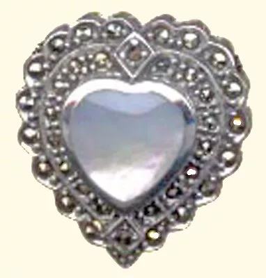 925 Sterling Silver Vintage Mother-of-Pearl & Marcasite Gem Heart Locket Pendant • $38