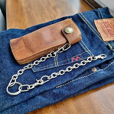 Red Moon Vintage Leather Long Wallet With Metal Chain Concho Button Brown . • $125