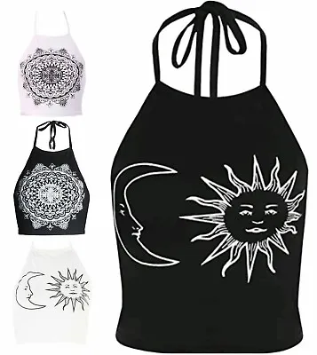 Women Sun Moon And Mandella Print Top Ladies Sleeveless Halter Neck Tie Up Vest • £6.45