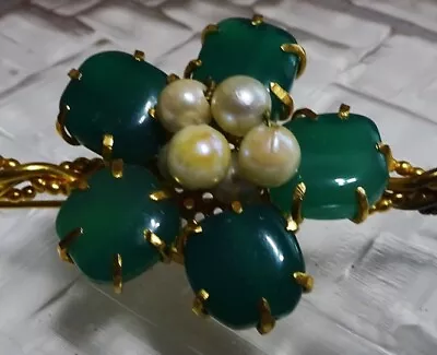 Vintage Brooch Pin Nephrite Jade Green Cabochons And Wired In Freshwater Pearls • $59.75