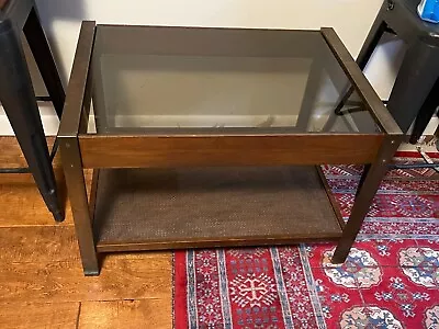 Mid Century Walnut Coffee End Table With Bronze Legs & Smoke Glass • $100