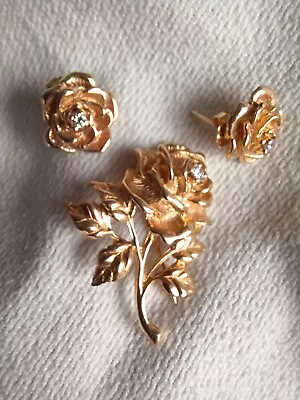 Rare Vintage 14k Y Gold Diamond Tiffany & Co Floral Rose Pin Brooch Earrings Set • $875