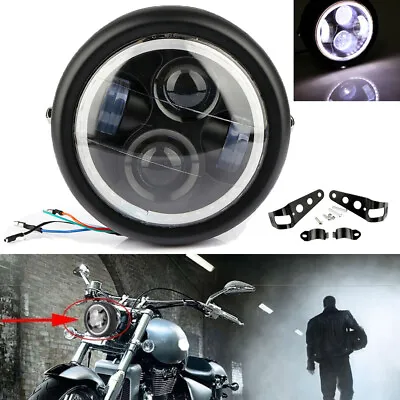 Motorcycle 6.5  Headlight LED White Halo Ring Motorbike Front Light & Bracket • £23.90