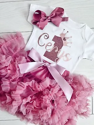 Baby Girls Personalised First 1st Birthday Outfit Cake Smash Set Tutu Skirt • £9.79