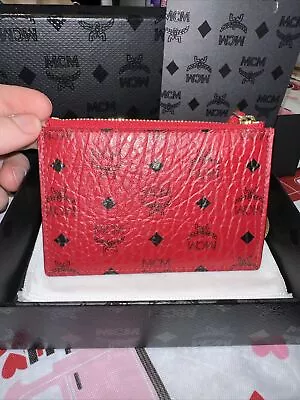 MCM Leather Coin Pouch - Red With Gold Chain • $120