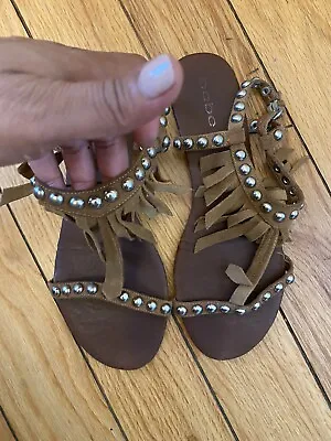 $14.40 • Buy Bebe Size 9 Carmel Fringe Sandals Silver Circle Studs  