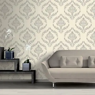 Crystal Damask Ivory Silver Wallpaper Glitter Finish Textured Vinyl Feature Wall • £9.99