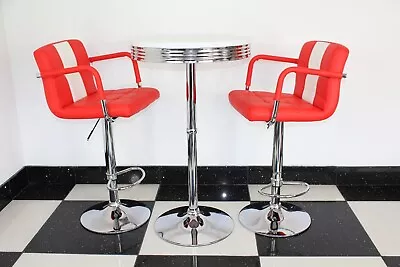 American 50s Diner Furniture Round Bistro Table And 2 Red Stools With Arms • £239.95