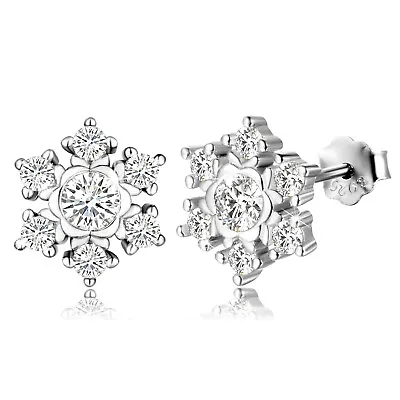 $13.99 • Buy 925 Sterling Silver CZ Snowflake Ear Stud Earrings Womens Girls Jewellery Gift