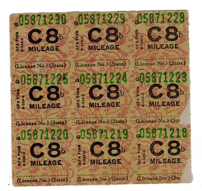 WWII C8 Gas Ration Stamps Set Of NINE (9) OPA Form USA R-528-K • $8.99