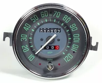 VW BUG BUS GHIA ISP 120 MPH SPEEDOMETER W/TRIP ODOMETER GREEN NUMERICAL FACE • $225