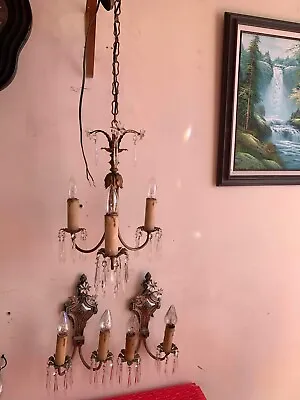 Vtg Antique Italian Metal Crystal 2 Light Sconces And Italian Copper Chandelier • $258