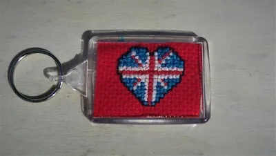 Union Jack Heart Cross Stitched Keyring Keyring With Handstitched Design • £5