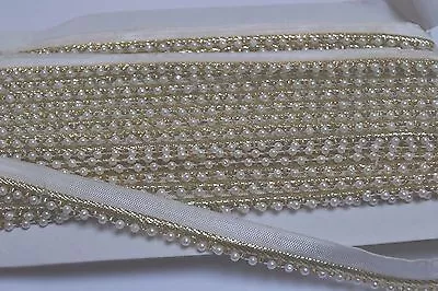 INDIAN ETHNIC PEARL BEADED RIBBON LACE TRIM ON GOLD ZARI BORDER- SOLD By METRE • £2.50