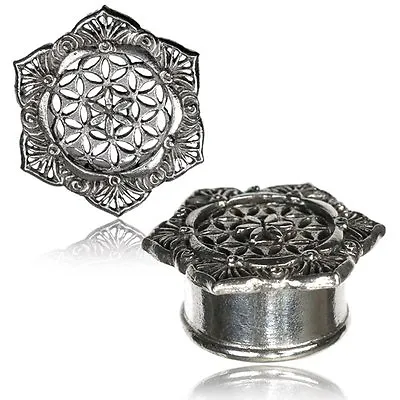 Pair Antiqued Filigree Flower Of Life White Brass Tunnels Plugs Tribal Gauges • $19.99