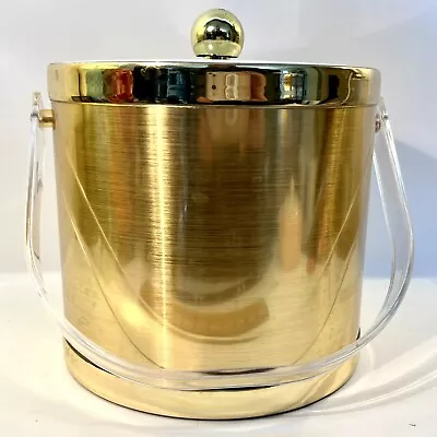 Vintage Gold Ice Bucket Hollywood Regency Acrylic Handle Clear Lid Party Barware • $22