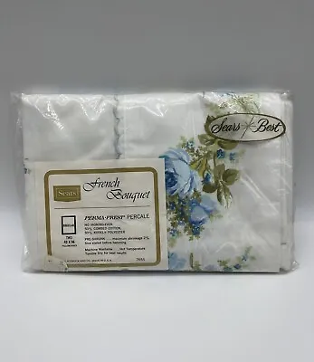 Vintage Sears Perma Prest Percale Two Regular Pillowcases Blue French Bouquet • $21