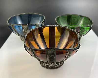 Set Of 3 Greek Blue Amber Green Glass Bowls W/ Metal Wire Filigree Overlay • $44.96