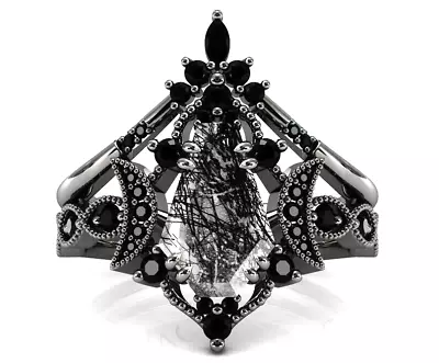 Moon Of My Life Black Rutilated Engagement Ring Set Antique Silver Ring Set . • $154.10