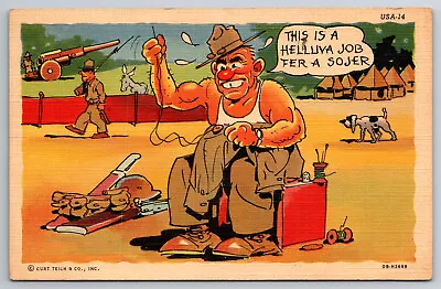 Vintage Postcard Funny Cartoon Military Soldier Sewing Top Dog Linen ~13737 • $2.15