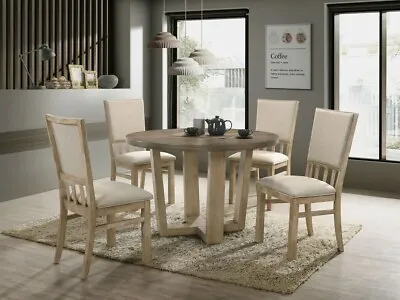 Vintage 5pc Round Dining Table Set Solid Wood Side Chairs Set Upholstered Seat • $1149