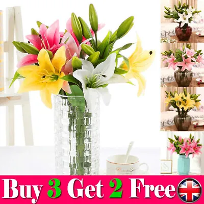 Bouquet Home Wedding Party Decor3 Heads Artificial Fake Lily Lilies Silk Flower • £4.89