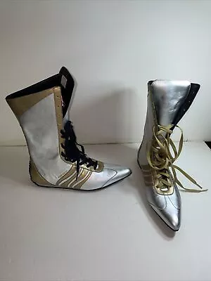 Miss Sixty Soldier Boots Silver & Gold Trim Leather Lace Up Size 6.5 B( 37 Euro) • $79