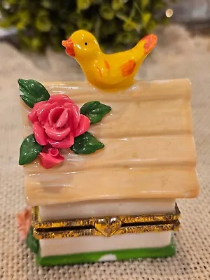 Vintage Ceramic Birdhouse Trinket Box With Yellow Bird Pink Flower Hinged Box • $12.97