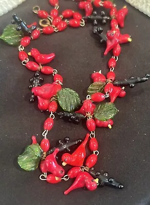 Vintage Estate Venetian Murano Glass Red Bird Blackberries Leaves Bead Necklace • $32