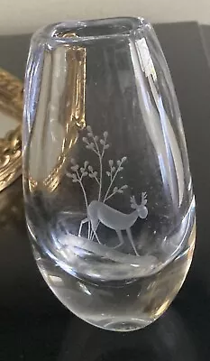 Vintage Kosta Boda Etched Art Glass Vase Sweden Numbered 44294 Deer Tree 5 1/2”T • $25