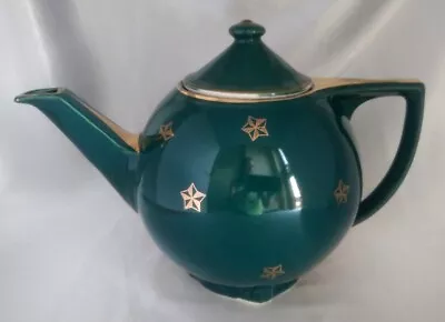 Vintage HALL 6-Cup Teapot (0740) Spruce Green W/ Gold Trim Stars • $12