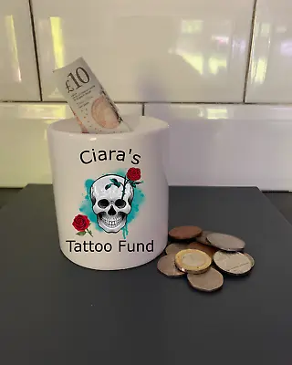 Personalised Ceramic Money Box Piggy Bank Savings Cash Jar Tattoo Fund Skull • £10.99