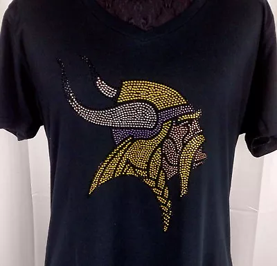 Women's Minnesota Vikings Rhinestone Football V-neck T-Shirt Tee Bling Ladies • $25.19