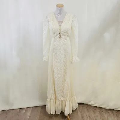 Vintage 1970s Ivory Lace Wedding Dress Maxi Long Sleeves Cottagecore Gown • $189