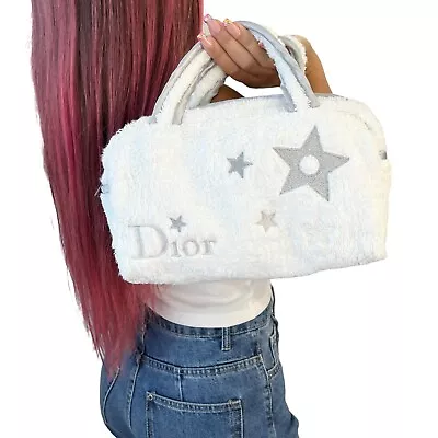 Dior Vintage Logo Mini Bag White Silver Terry Cloth Cotton Zip RankAB • $351