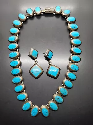 Vintage Turquoise Sterling Silver Taxco Necklace & Earrings  107 Grams • $102.50