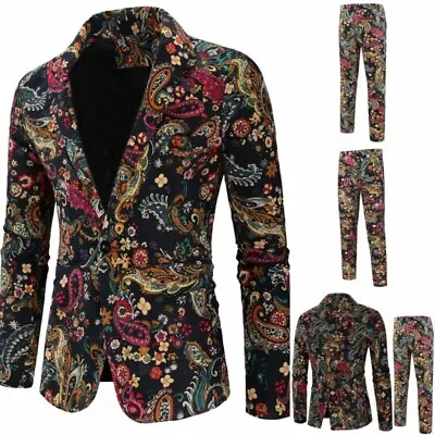 Men's Formal Dress Suit 2PCS Floral Printed One Button Stage Costume Blazer L  • $63.90