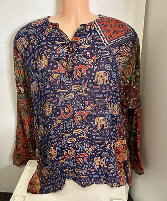 Mens Indian Shirt Size L-XL Hand Block Cotton Top Elephant Print Vintage Boho • $49.95