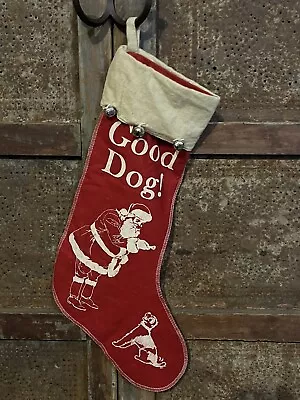 Vintage Style Red Felt Good Dog Merry Christmas Stocking Jingle Bells Santa 18  • $28.50