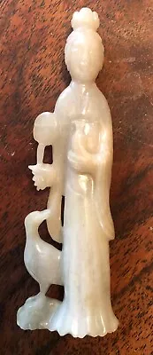 Finely Carved Chinese Nephrite Jade Figure Of Guan Yin With Bird And Mirror. • £60